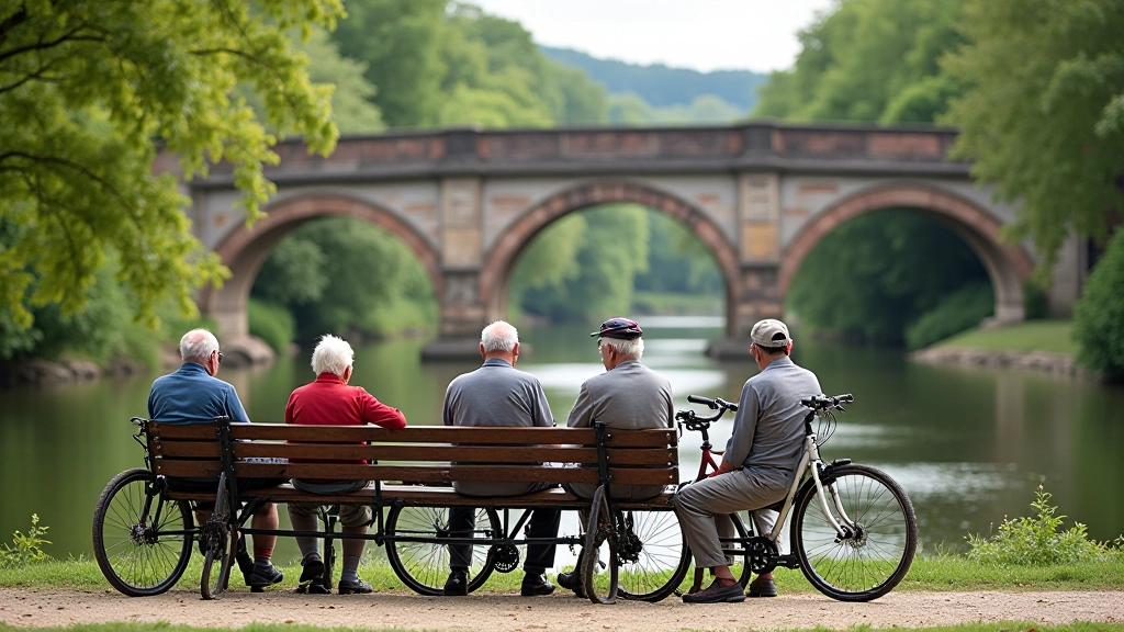 Grupo de ciclistas jubilados descansando en un banco junto a un puente histórico de hierro y piedra